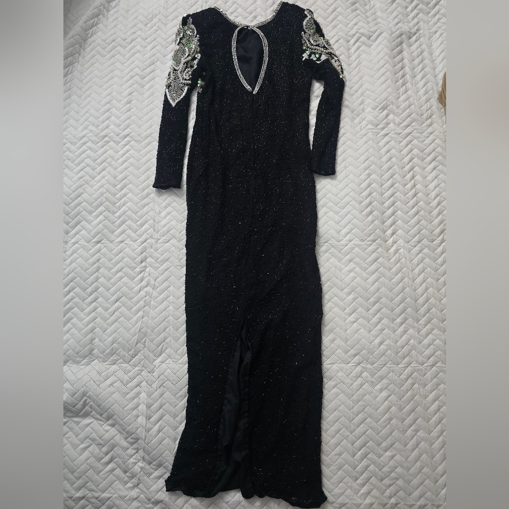 Vingage Elegant Black and Green Sequin Pearl Embellished Dress Silk India - Picture 9 of 10